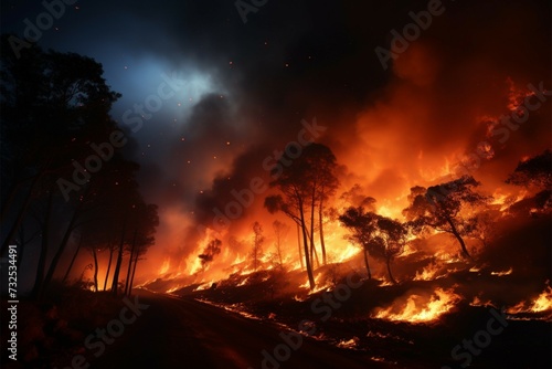 Midnight inferno Wildfire rages in the mountains under the stars