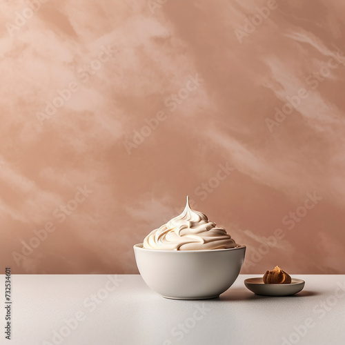 A bowl of whipped cream with a cookie beside it on a beige background. photo