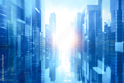 Modern skyscrapers of a smart city  futuristic financial district  graphic perspective of buildings and reflections - Architectural blue background for corporate and business brochure template