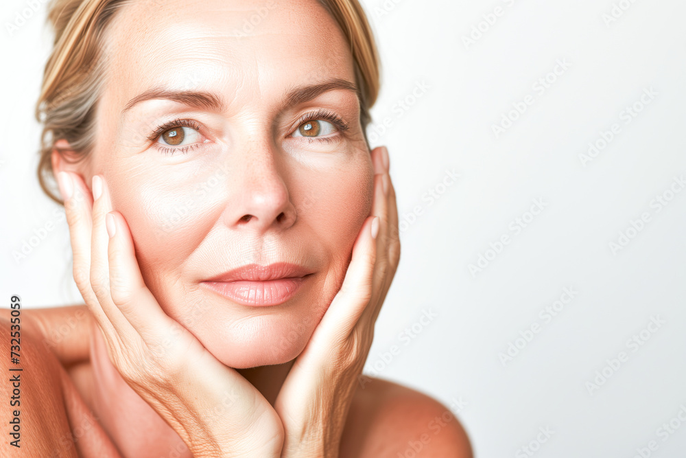 Beautiful 50s mid aged mature woman isolated on white background. skin care beauty, skincare cosmetics concept