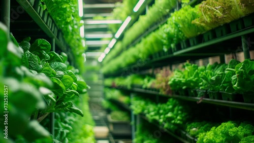 Vegetables are growing in vertical farm. Plants on vertical farms grow with led lights. Vertical farming is sustainable agriculture for future food and used for plant vaccine. Generative AI photo