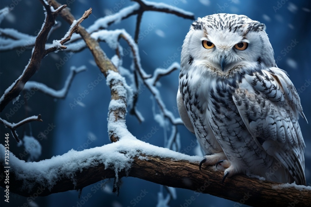 Winter majesty Snowy owl perched on a branch in the forest Winter majesty Snowy owl perched on a branch in the forest