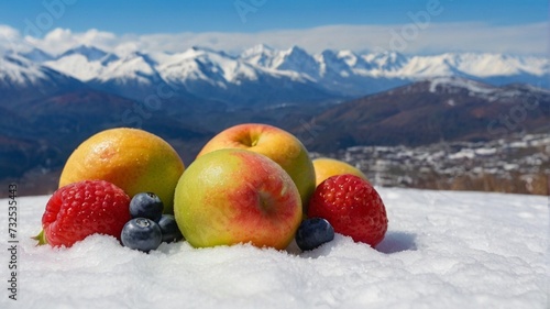 fresh fruites in the snow with mountains and sky view photo
