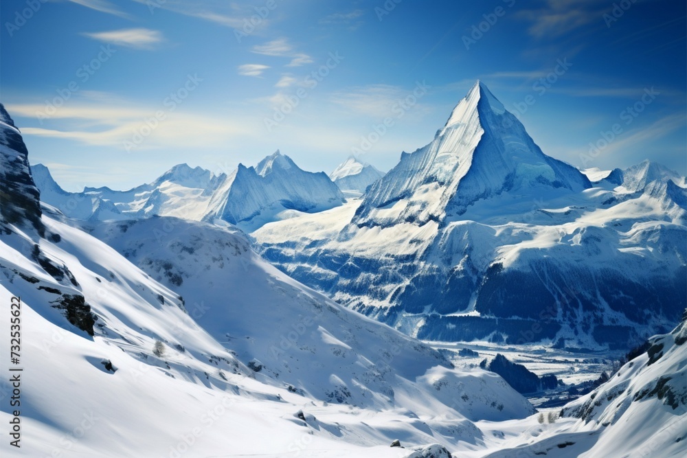 Mountain serenity Breathtaking panoramic scene featuring snow covered peaks