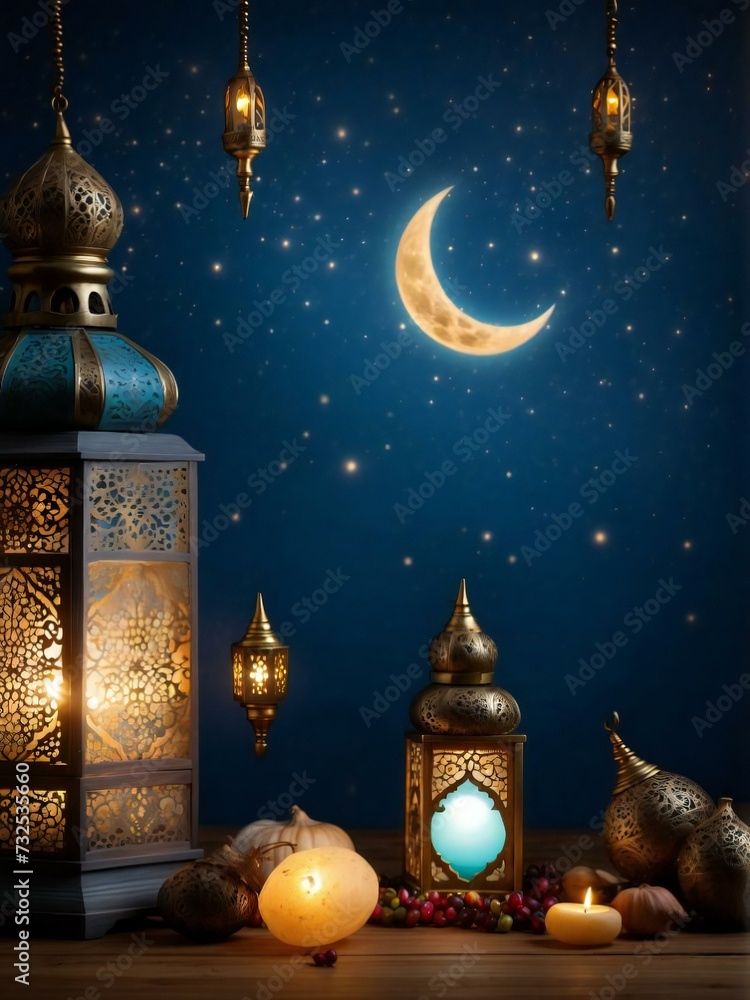 Muslim holiday in the holy month of Ramadan Kareem. Beautiful sky background with lanterns on shining wood Fanus. vertical background Muslim holiday in the holy month of Ramadan Kareem. Beautiful sky background with lanterns on shining wood Fanus. vertical background