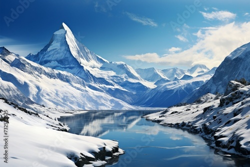 Mountain serenity Breathtaking panoramic scene featuring snow covered peaks photo