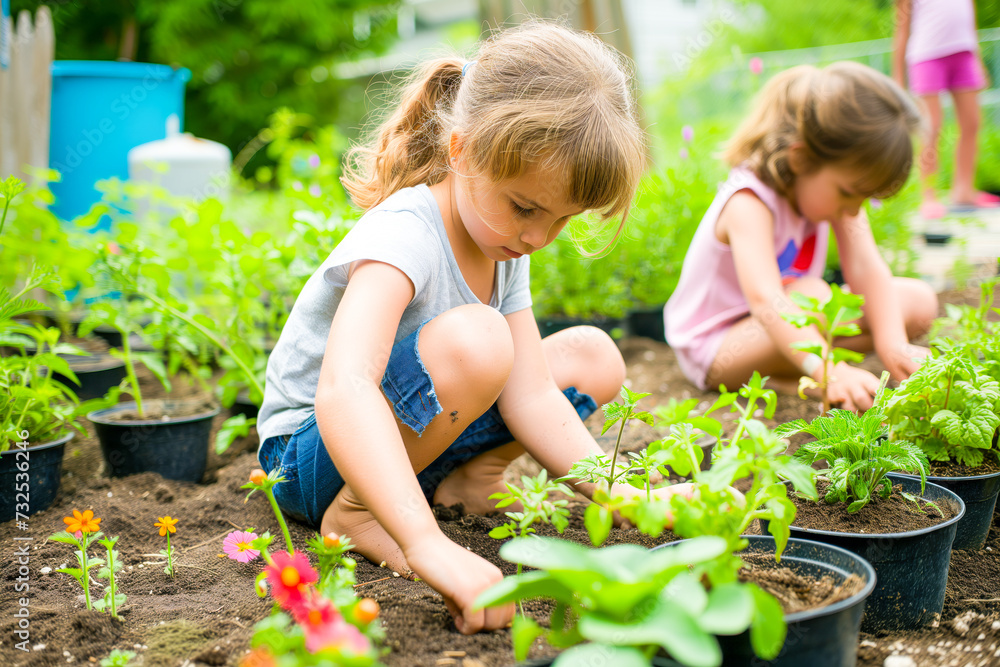 Kids at a community garden, tending to their plants and flowers with enthusiasm. Planting, and enjoying their labor as their garden flourishes