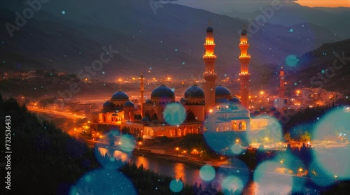 Ramadan Month Suleymaniye Mosque, Illuminated Letters Between Minarets (Mahya) Drone Video, Suleymaniye Fatih, Istanbul Turkey
 photo