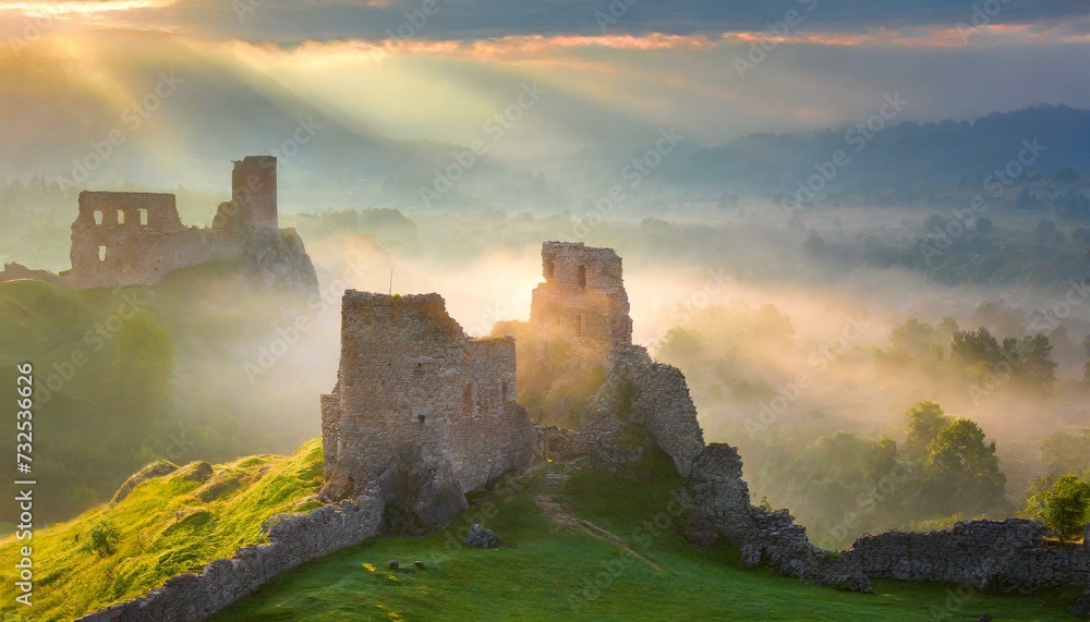 Misty Morning Light: Casting Over Ancient Castle Ruins
