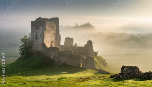 Misty Morning Light: Casting Over Ancient Castle Ruins"