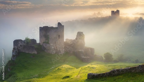 Misty Morning Light  Casting Over Ancient Castle Ruins 