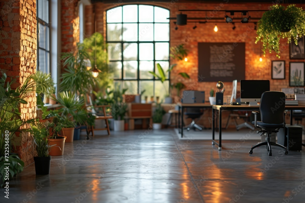 Isolated creative office area with plants and morning sunlight and a space, Generative AI.