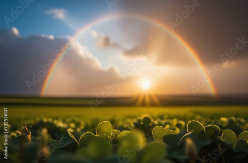 A vibrant rainbow stretches across the sky above a lush field of plants, creating a stunning display of colors in the natural landscape