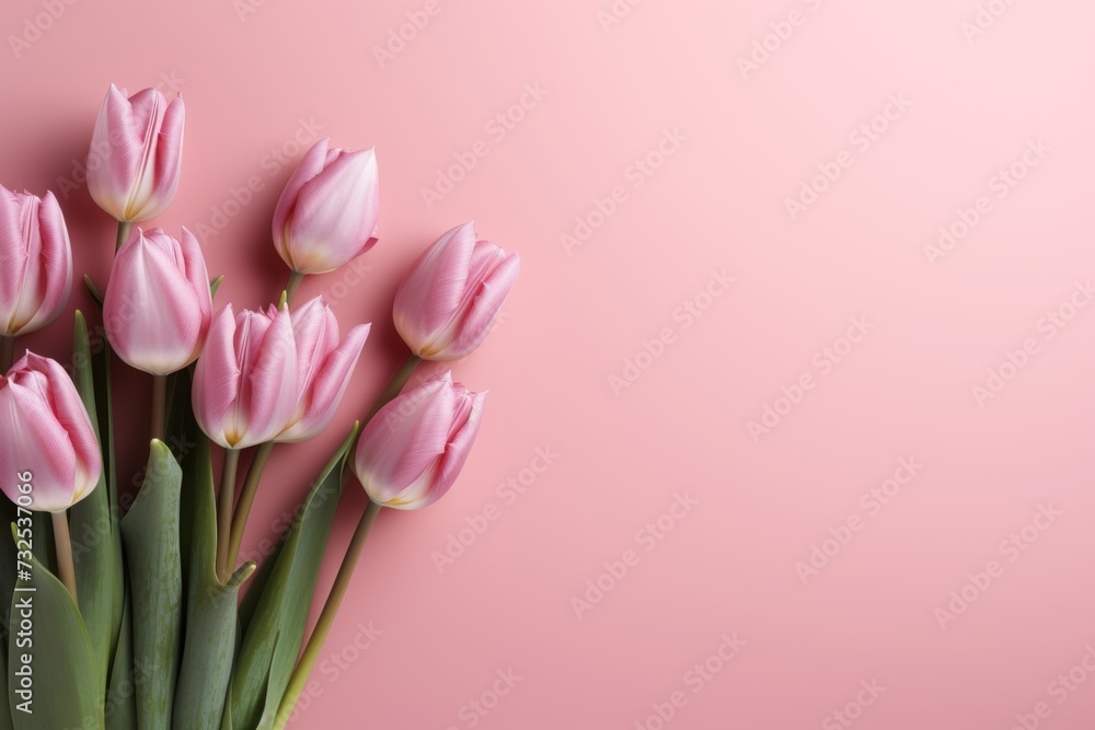 Beautiful aerial shot of colorful tulips on a soft pink background with ample space for text. Beautiful aerial shot of colorful tulips on a soft pink background with ample space for text.