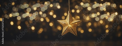 Gold Star Hanging With String and Lights in Background