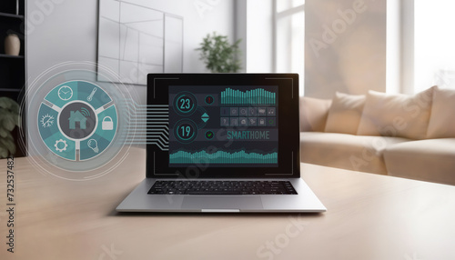Smart home technology. Computer controls devices connected on wi-fi network. Laptop applications.