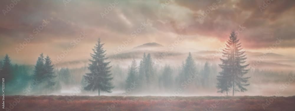 Misty Forest at Dawn: A Serene Landscape With Glimpses of Early Morning Light Misty Forest at Dawn: A Serene Landscape With Glimpses of Early Morning Light