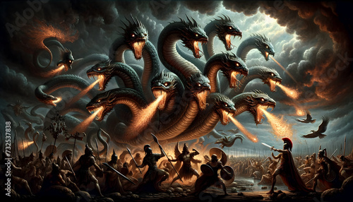 illustration of the mythological creature, the Hydra, in an epic battle scene