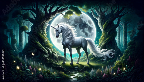 illustration of the mythological unicorn in a magical forest setting