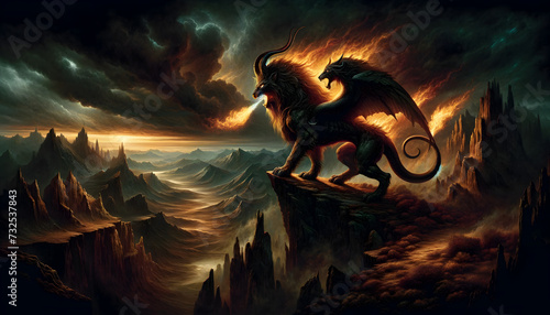 illustration of the mythological creature, the Chimera, in a dramatic landscape