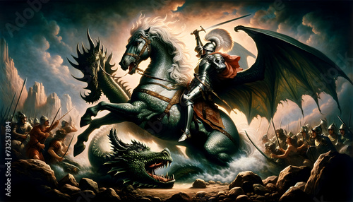 illustration of the mythological scene from St. George and the Dragon, capturing a pivotal moment of confrontation