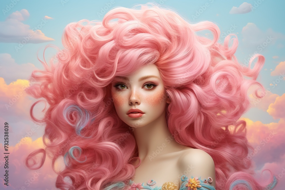 Beautiful girl with pink hair and blue cloudy sky, 3d rendering, Ai Generated