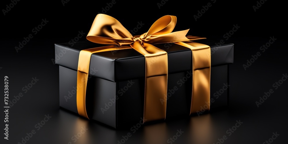 black gift with gold ribbon on black background black gift with gold ribbon on black background