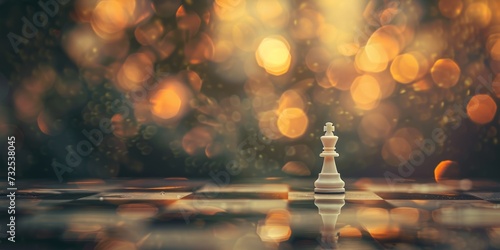 A single queen chess piece stands on a reflective board  illuminated by the soft  warm bokeh lights in the background