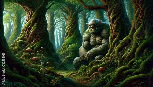 illustration of the mythological creature, the Ogre, set in a deep, enchanted forest photo