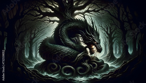 illustration of the mythological creature Níðhöggr, gnawing at the roots of Yggdrasil, the World Tree, in Norse mythology photo