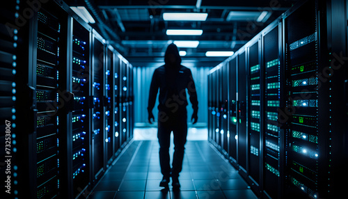 Hacker inside Data Center hacking the Information storage warehouse. Cyber security, protection concept
