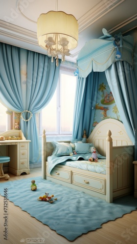 The aristocratic interior of the children's room in blue colors.