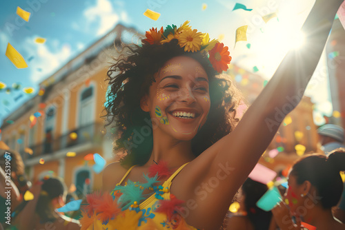 Uma bela jovem sorridente fantasiada se divertindo no carnaval: Uma Explosão de Alegria e Cores, IA Generativa	 photo