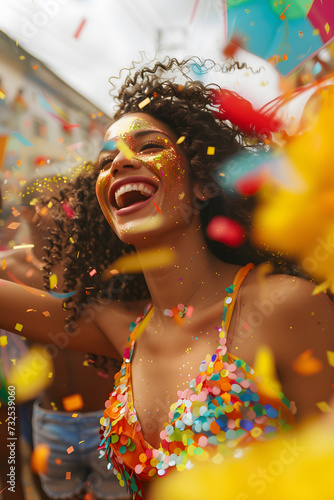 Garota bonita sorridente festejando carnaval brasileiro, festa comemoração celebração cores feriado fantasia