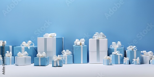 gifts of various sizes in blue with ribbons on a blue background, backgrounds, posters,