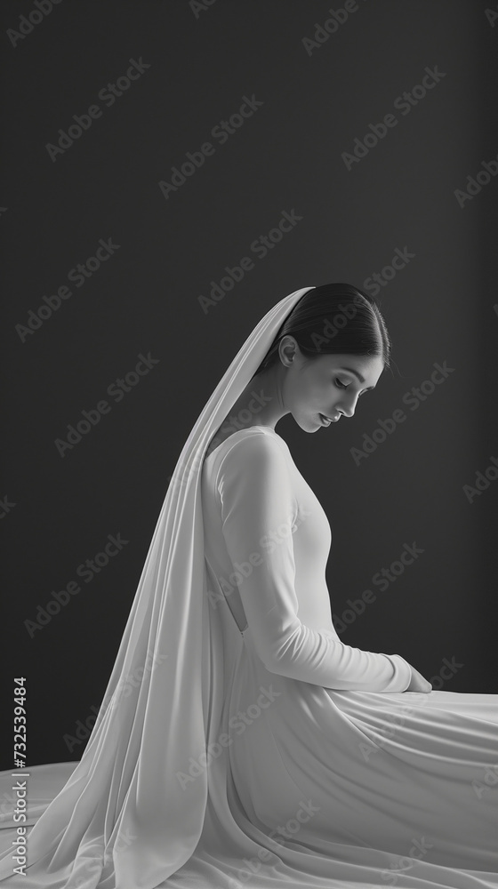 Young beautiful woman in a white dress on a dark background. Studio shot