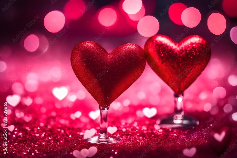 Abstract Defocused Valentines Card With two pinkish Red Hearts On Shiny Glitter