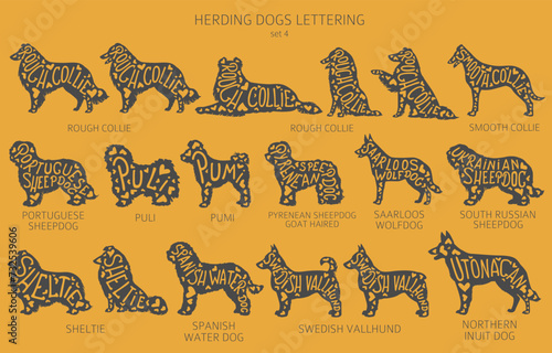 Dog breeds silhouettes with lettering, simple style clipart. Herding dogs, sheepdog, shepherds collection