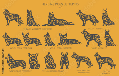Dog breeds silhouettes with lettering, simple style clipart. Herding dogs, sheepdog, shepherds collection
