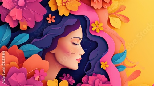 Creative paper cut illustration with woman s face and floral motifs for international women s day