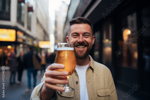 Man toasting with beer in urban environment.