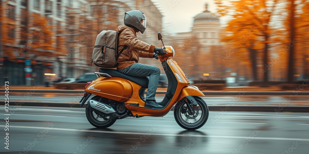 Person Riding a Scooter on a Road With City Background Person Riding a Scooter on a Road With City Background