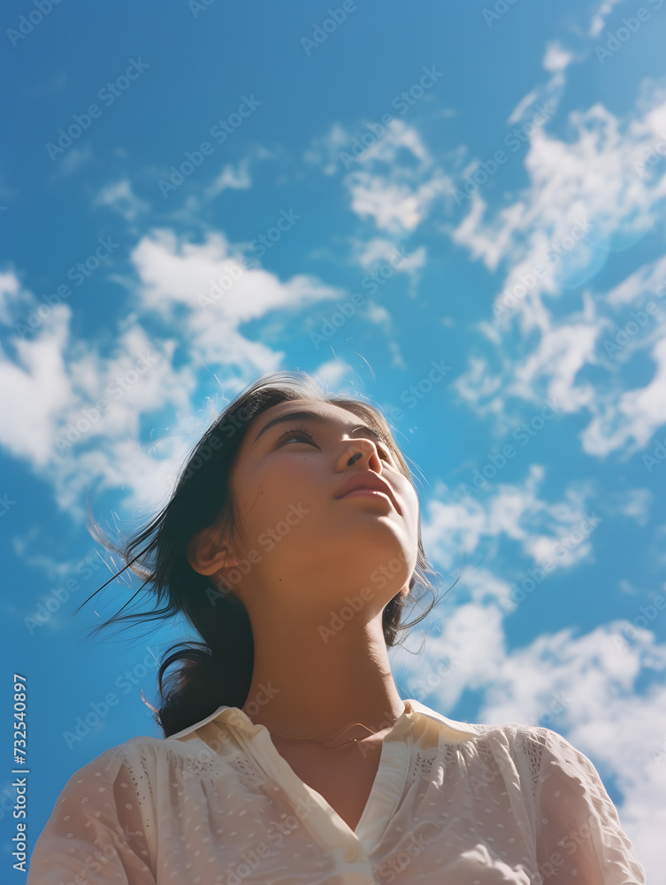 Dreamy shot of a woman in the blue sky, Generative AI Dreamy shot of a woman in the blue sky, Generative AI