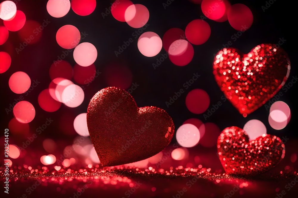 red glittery bokeh background with two glittered red hearts