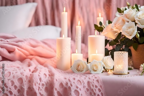 Elegant White Roses and Candlelight with crochet blanket on pink pastel bedding for a Relaxing Night 