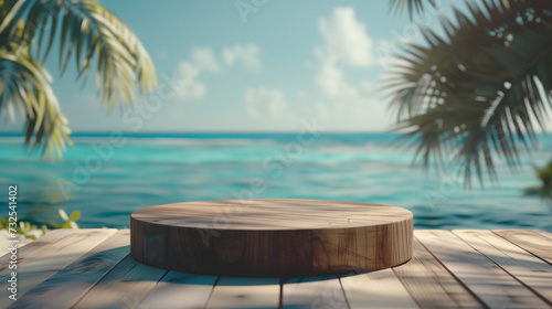 Summer product display on the wooden podium at sea tropical beach. © WARIT_S