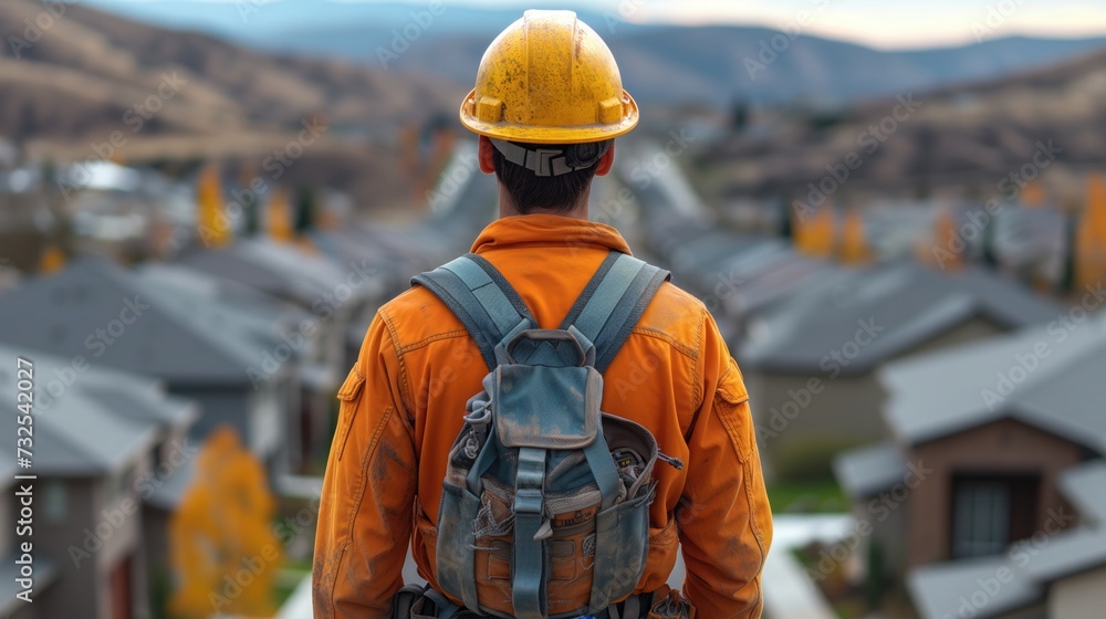 Back view of construction worker wearing safety uniform during working on roof structure Back view of construction worker wearing safety uniform during working on roof structure
