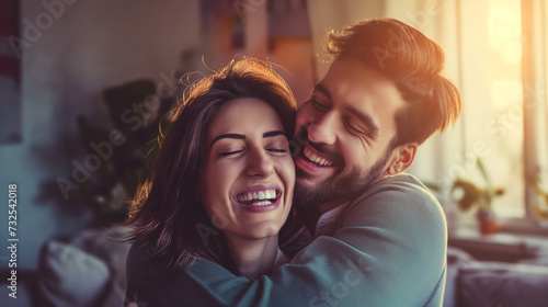Casal de jovens se abraçando em casa e sorrindo  photo