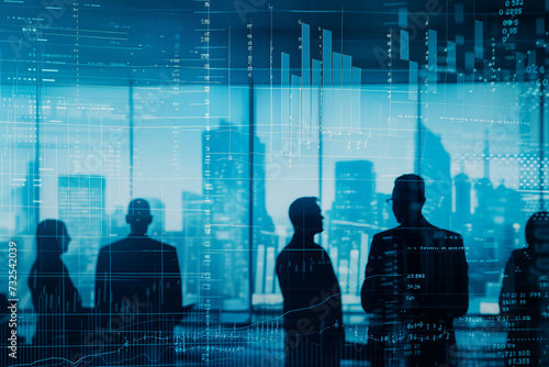 Digital background in blue tones for business ideas: silhouettes of business men and women, monitors with a map of the earth, data and graphs, reflected windows against the background of skyscrapers