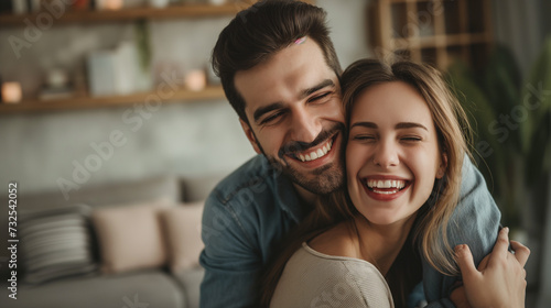 Casal de jovens se abraçando em casa e sorrindo 